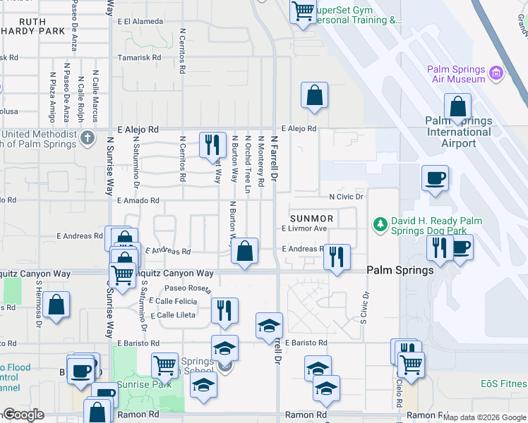 map of restaurants, bars, coffee shops, grocery stores, and more near 293 North Farrell Drive in Palm Springs