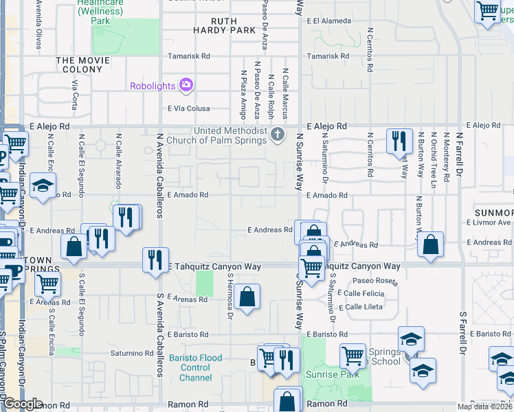 map of restaurants, bars, coffee shops, grocery stores, and more near 1341 East Amado Road in Palm Springs
