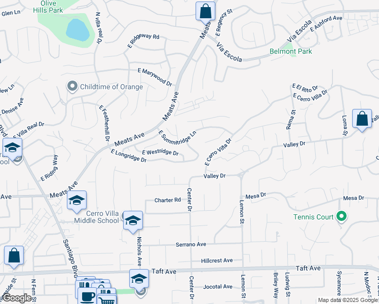 map of restaurants, bars, coffee shops, grocery stores, and more near 2277 East Longridge Drive in Orange