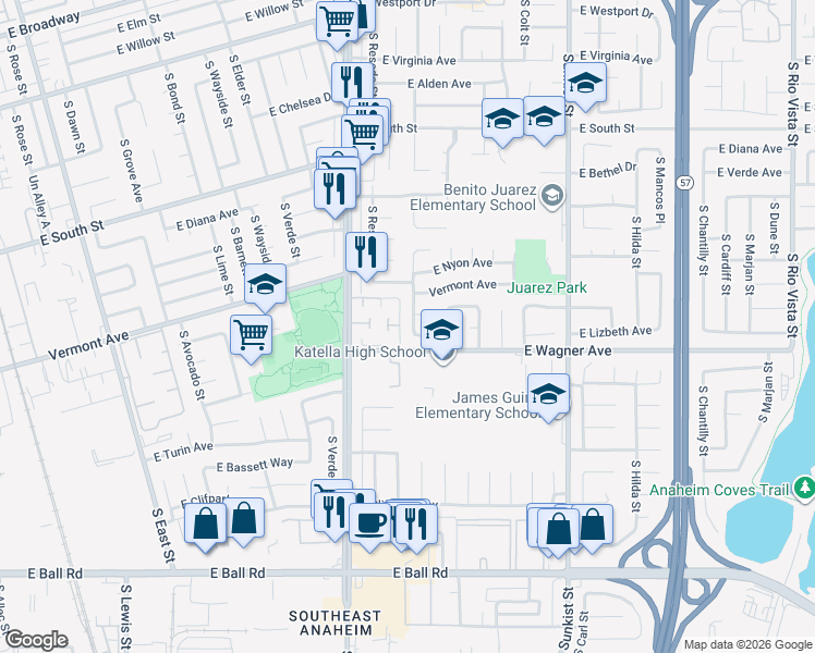 map of restaurants, bars, coffee shops, grocery stores, and more near 2200 East Oshkosh Circle in Anaheim