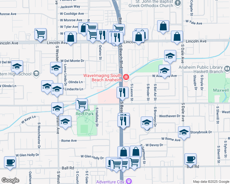 map of restaurants, bars, coffee shops, grocery stores, and more near 501 South Beach Boulevard in Anaheim