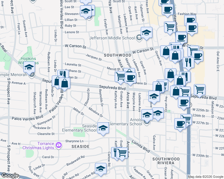 map of restaurants, bars, coffee shops, grocery stores, and more near 4575 Sepulveda Boulevard in Torrance