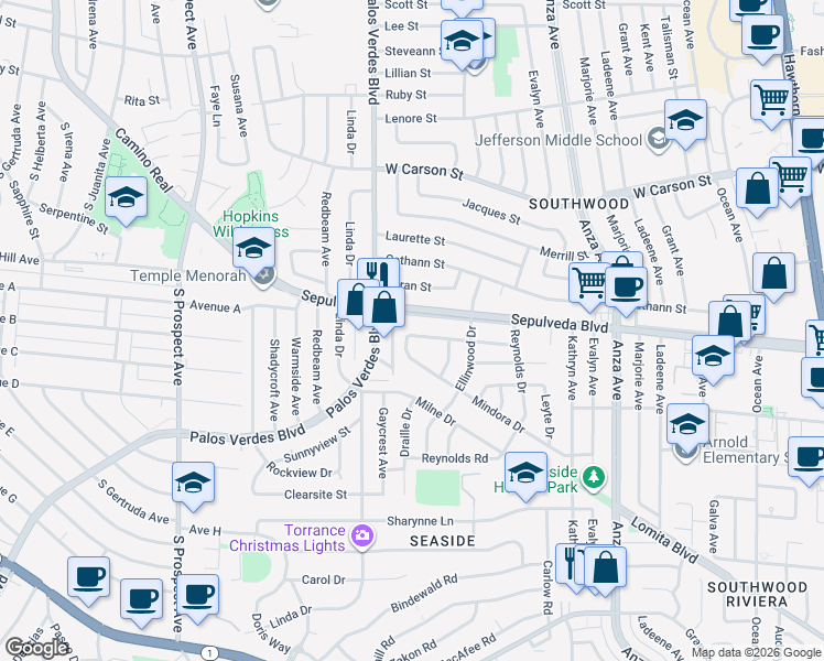 map of restaurants, bars, coffee shops, grocery stores, and more near 5118 Sepulveda Boulevard in Torrance