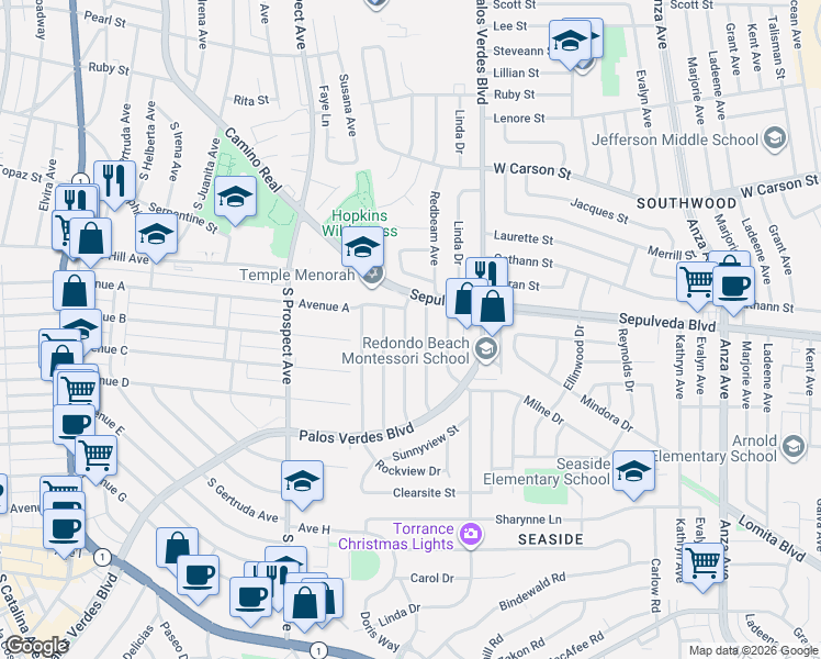 map of restaurants, bars, coffee shops, grocery stores, and more near 22215 Warmside Avenue in Torrance