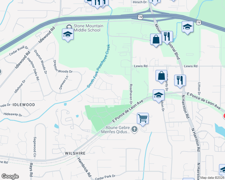 map of restaurants, bars, coffee shops, grocery stores, and more near 1501 Ashbrooke Trace in Stone Mountain