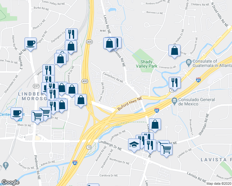 map of restaurants, bars, coffee shops, grocery stores, and more near 991 Sibley Lane Northeast in Atlanta