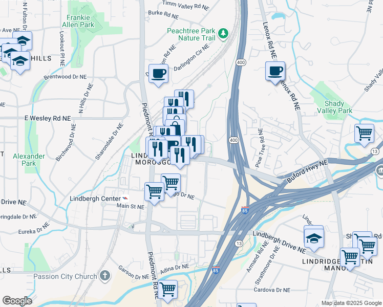 map of restaurants, bars, coffee shops, grocery stores, and more near 2625 Piedmont Road Northeast in Atlanta