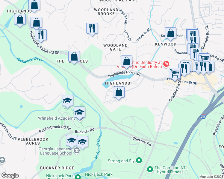 map of restaurants, bars, coffee shops, grocery stores, and more near 1730 Highlands View Drive in Smyrna