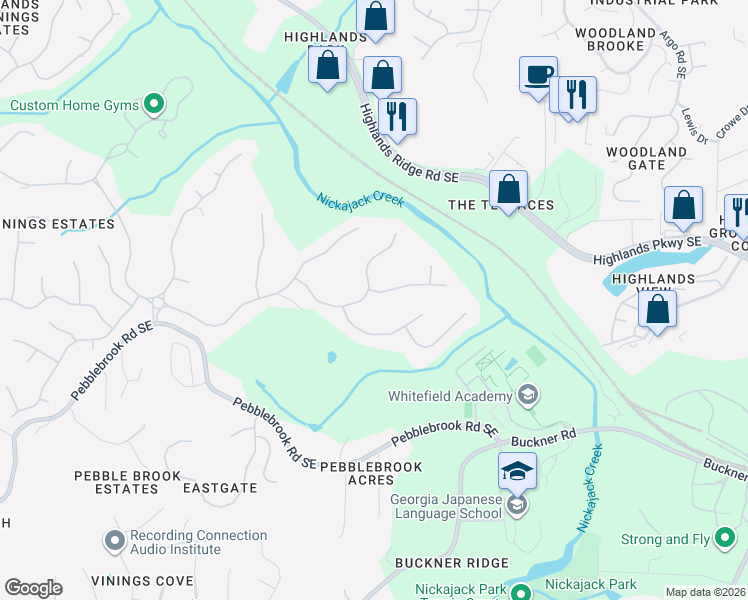 map of restaurants, bars, coffee shops, grocery stores, and more near 5123 Parkwood Oaks Lane in Mableton