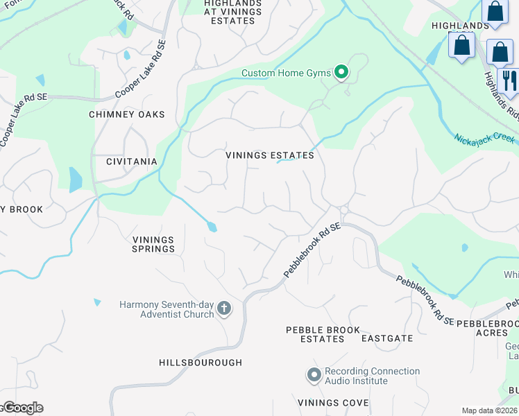 map of restaurants, bars, coffee shops, grocery stores, and more near 875 Woodleaf Park Drive in Mableton