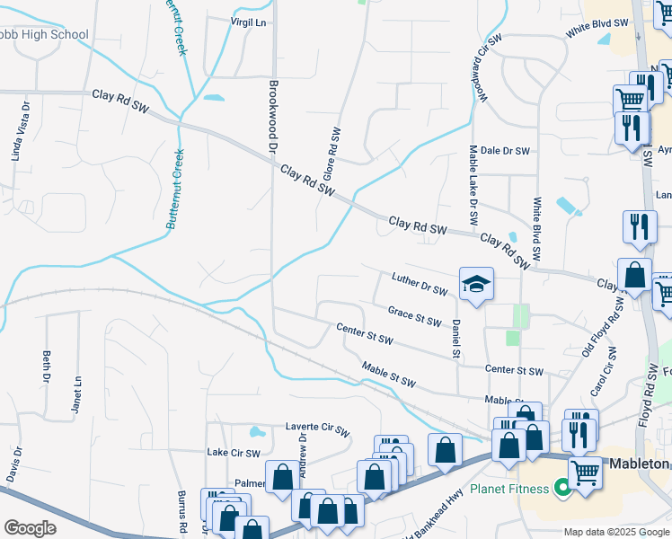 map of restaurants, bars, coffee shops, grocery stores, and more near 1262 Ox Drive in Mableton
