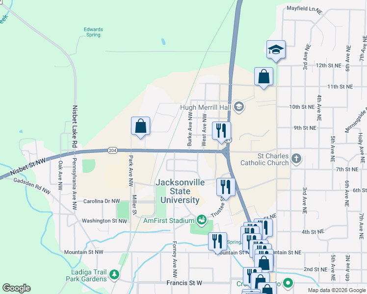 map of restaurants, bars, coffee shops, grocery stores, and more near 301 Nisbet Street Northwest in Jacksonville