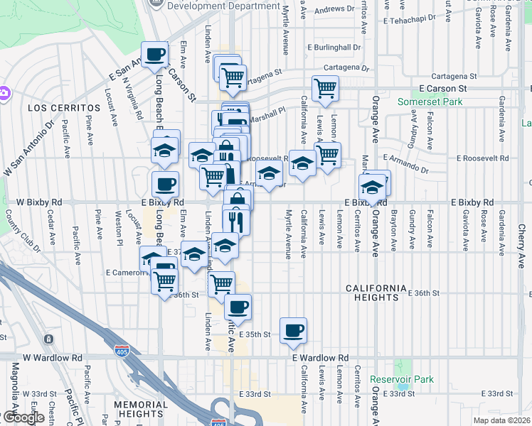 map of restaurants, bars, coffee shops, grocery stores, and more near 3755 Olive Avenue in Long Beach