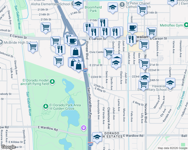 map of restaurants, bars, coffee shops, grocery stores, and more near 22210 Clarkdale Avenue in Hawaiian Gardens
