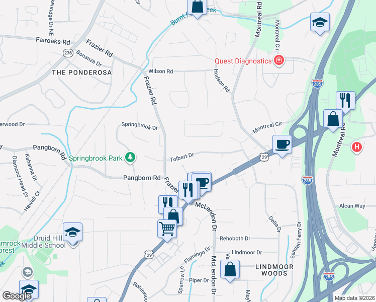 map of restaurants, bars, coffee shops, grocery stores, and more near 3096 Tolbert Drive in Decatur