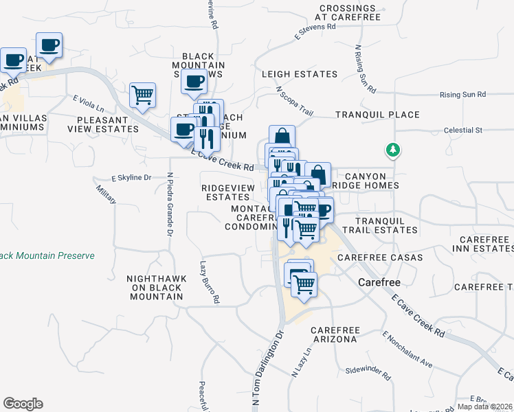 map of restaurants, bars, coffee shops, grocery stores, and more near 7200 East Ridgeview Place in Carefree