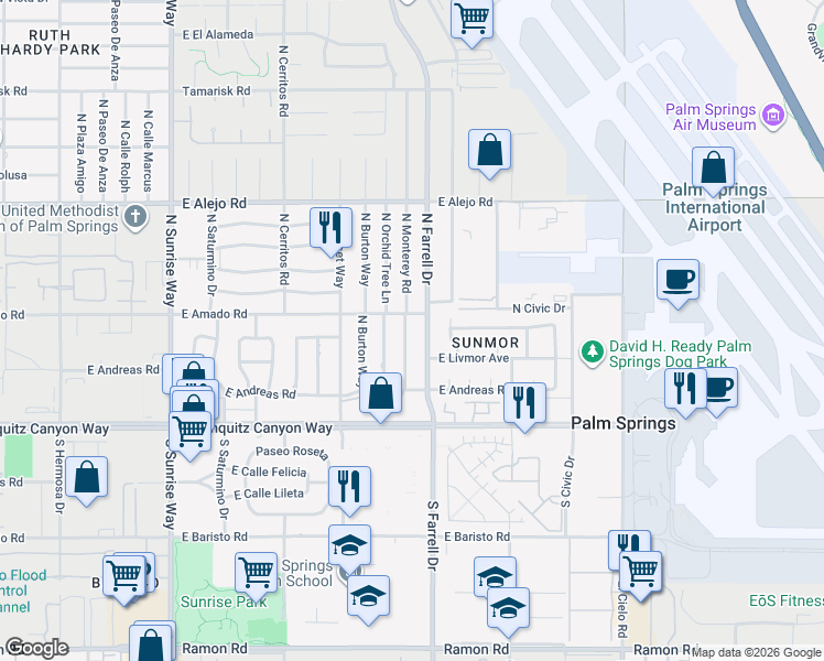 map of restaurants, bars, coffee shops, grocery stores, and more near 280 North Monterey Road in Palm Springs