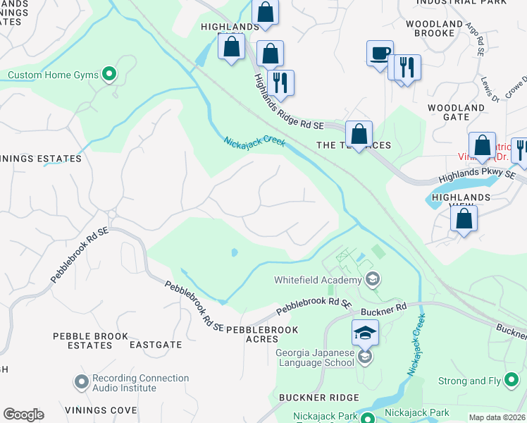 map of restaurants, bars, coffee shops, grocery stores, and more near 5123 Parkwood Oaks Lane in Mableton