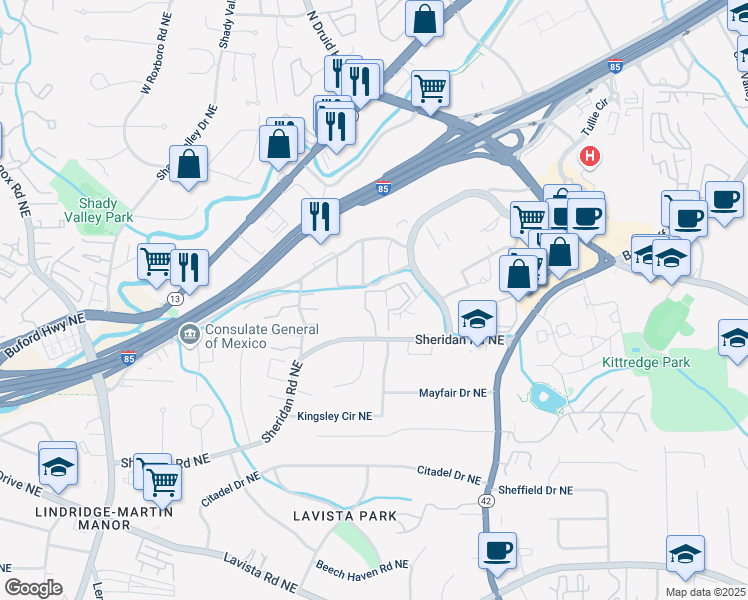 map of restaurants, bars, coffee shops, grocery stores, and more near 1239 Briarhill Ln NE in Atlanta