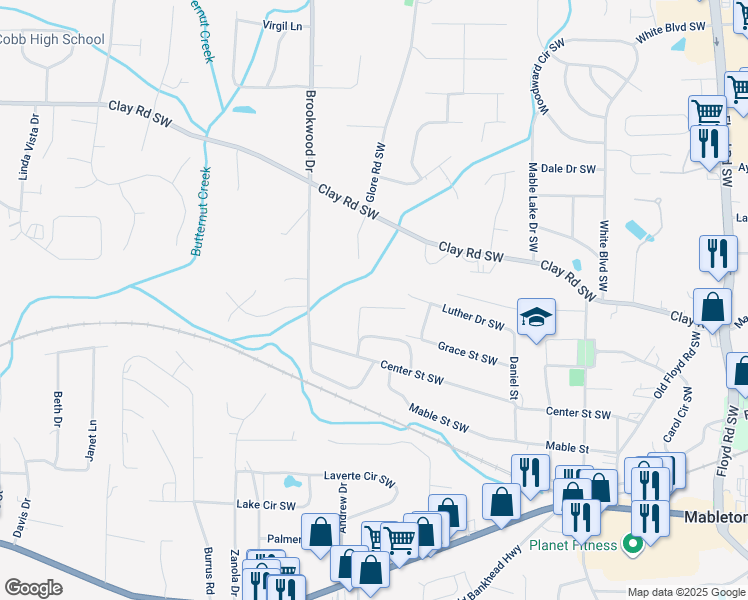 map of restaurants, bars, coffee shops, grocery stores, and more near 1262 Ox Drive in Mableton