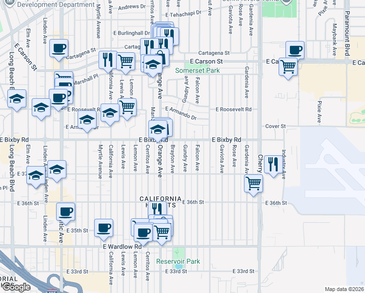 map of restaurants, bars, coffee shops, grocery stores, and more near 3757 Gundry Avenue in Long Beach