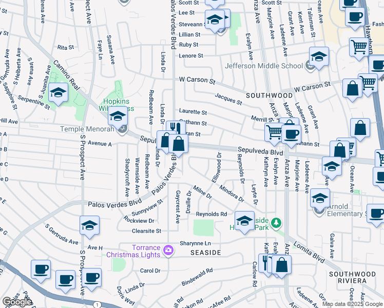 map of restaurants, bars, coffee shops, grocery stores, and more near 5118 Sepulveda Boulevard in Torrance