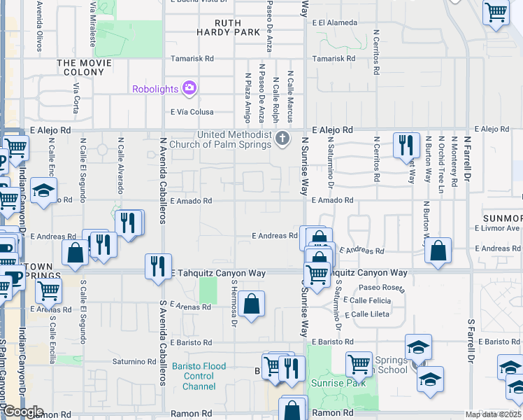 map of restaurants, bars, coffee shops, grocery stores, and more near 1341 East Amado Road in Palm Springs
