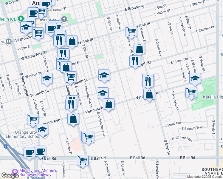 map of restaurants, bars, coffee shops, grocery stores, and more near 611 Eton Place in Anaheim