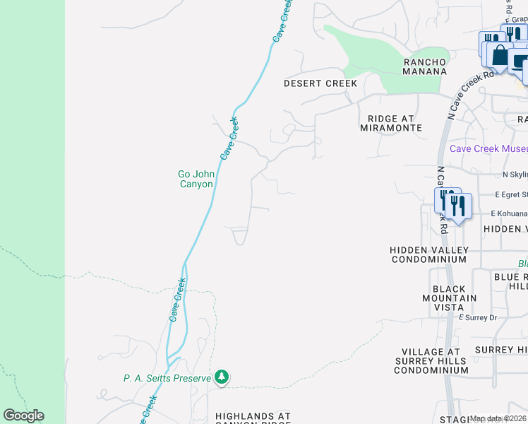 map of restaurants, bars, coffee shops, grocery stores, and more near 37645 North Rancho Manana Boulevard in Cave Creek