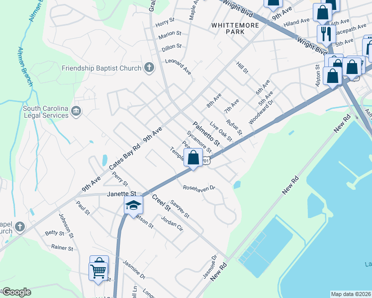 map of restaurants, bars, coffee shops, grocery stores, and more near 2708 Austin Avenue in Conway