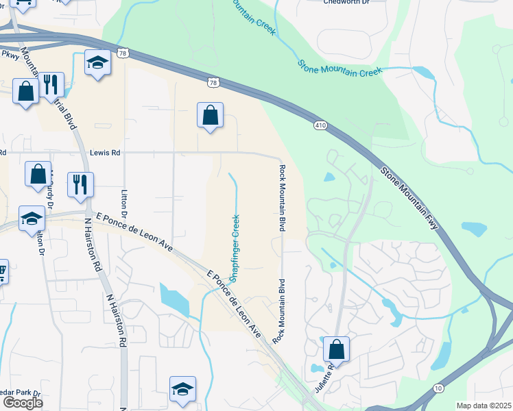 map of restaurants, bars, coffee shops, grocery stores, and more near 1644 Rock Mountain Boulevard in Stone Mountain