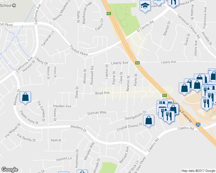 map of restaurants, bars, coffee shops, grocery stores, and more near 20188 Layton Street in Corona