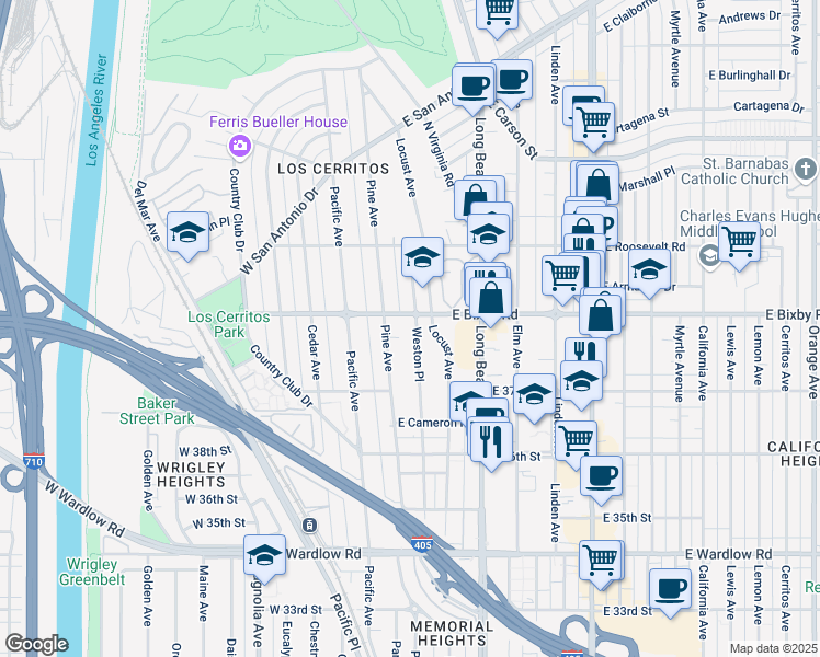 map of restaurants, bars, coffee shops, grocery stores, and more near 3757 Weston Place in Long Beach
