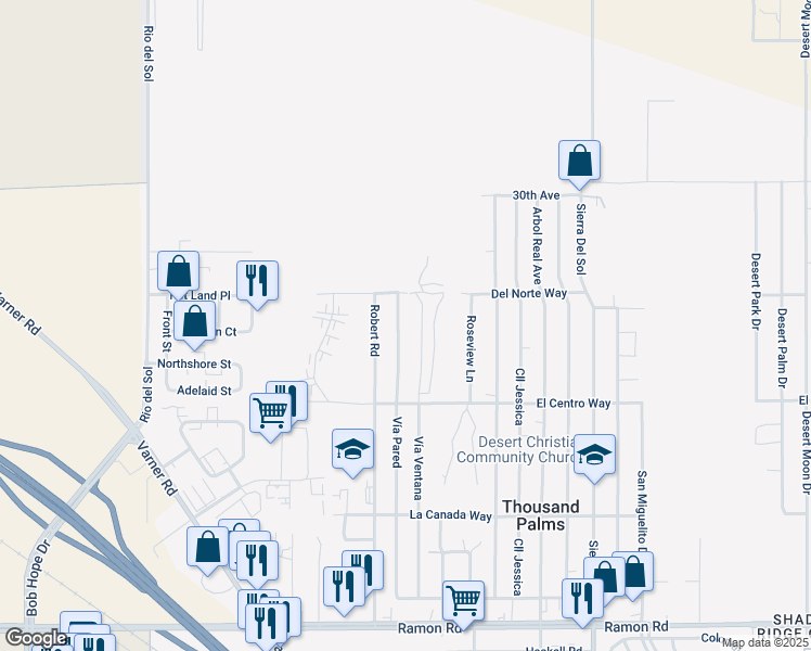 map of restaurants, bars, coffee shops, grocery stores, and more near 30596 Vía Pared in Thousand Palms