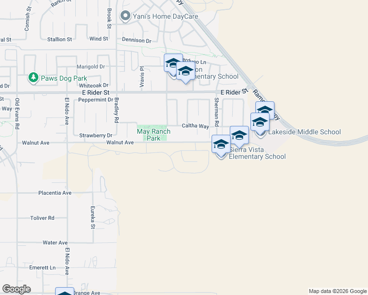 map of restaurants, bars, coffee shops, grocery stores, and more near 27318 Dunite Drive in Perris