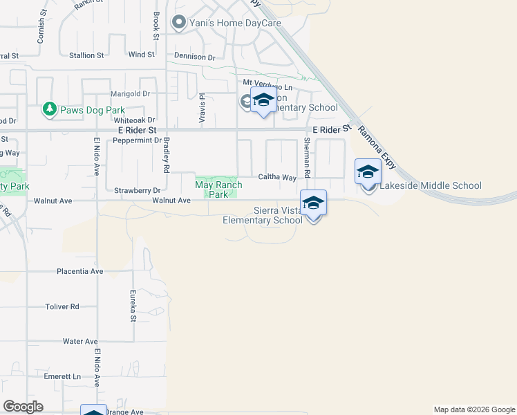 map of restaurants, bars, coffee shops, grocery stores, and more near 1855 Caltha Way in Perris