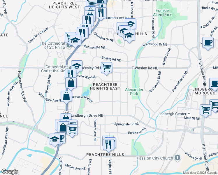 map of restaurants, bars, coffee shops, grocery stores, and more near 2626 Brookwood Drive Northeast in Atlanta