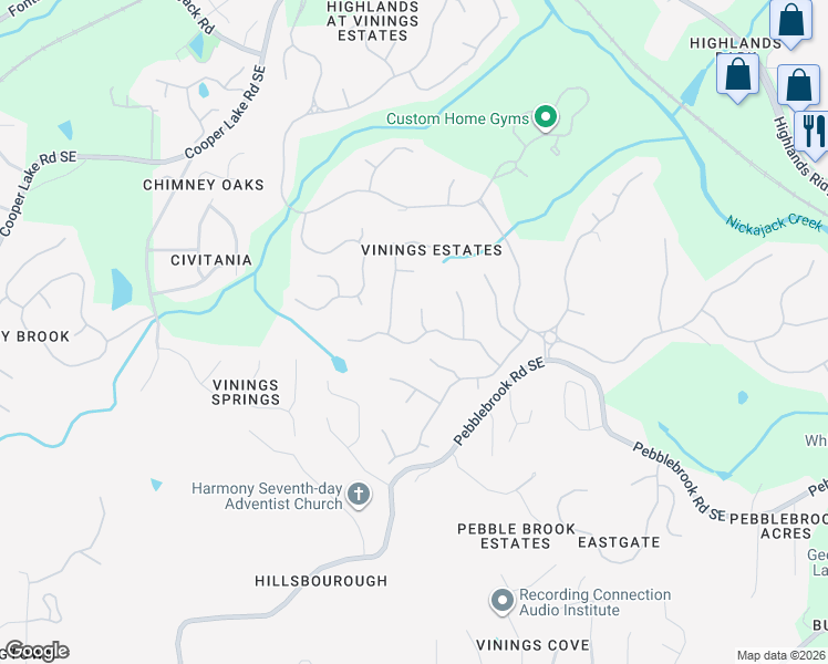 map of restaurants, bars, coffee shops, grocery stores, and more near 875 Woodleaf Park Drive in Mableton