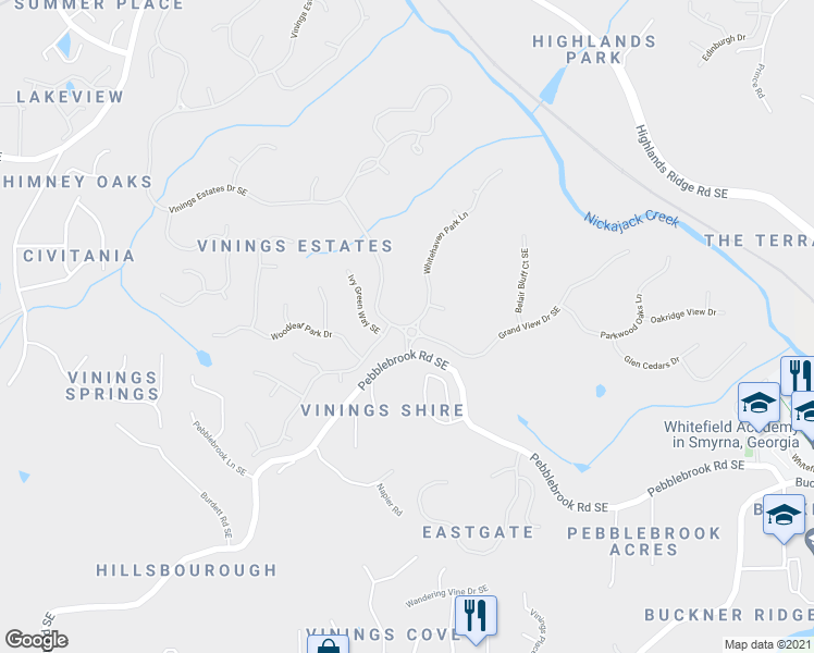 map of restaurants, bars, coffee shops, grocery stores, and more near 5315 Whitehaven Park Lane Southeast in Mableton