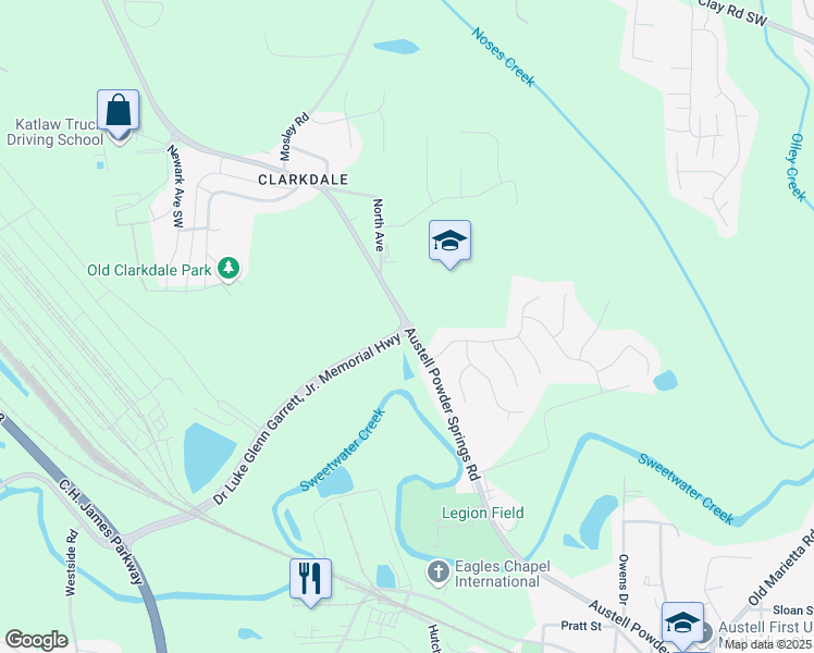 map of restaurants, bars, coffee shops, grocery stores, and more near 5665 Austell Powder Springs Road Southwest in Austell