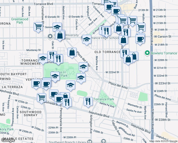 map of restaurants, bars, coffee shops, grocery stores, and more near 2160 Plaza del Amo in Torrance