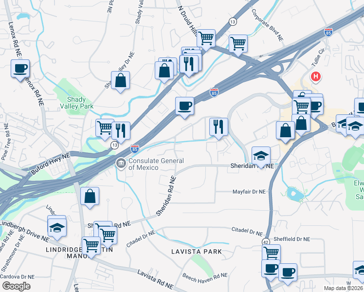 map of restaurants, bars, coffee shops, grocery stores, and more near 1165 Chantilly Ridge Northeast in Atlanta