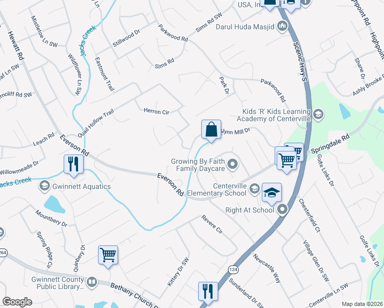 map of restaurants, bars, coffee shops, grocery stores, and more near 3292 Glynn Mill Drive in Snellville