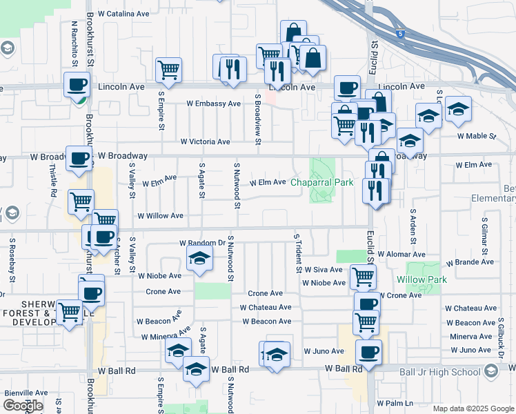 map of restaurants, bars, coffee shops, grocery stores, and more near 1855 West Willow Avenue in Anaheim