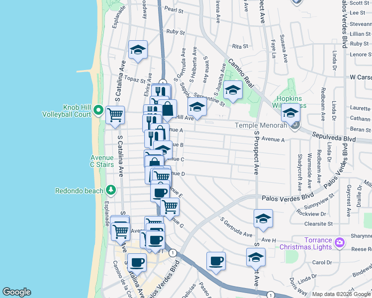 map of restaurants, bars, coffee shops, grocery stores, and more near 622 Avenue B in Redondo Beach