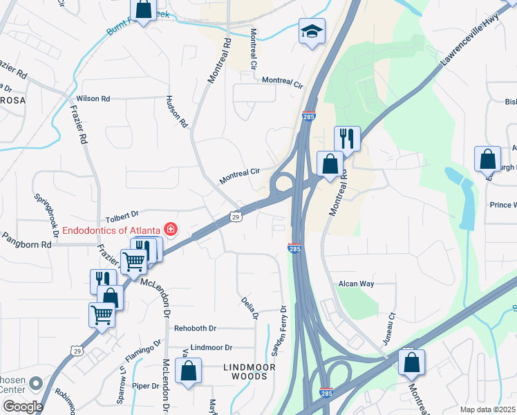 map of restaurants, bars, coffee shops, grocery stores, and more near Lawrenceville Hwy & Montreal Rd in Decatur