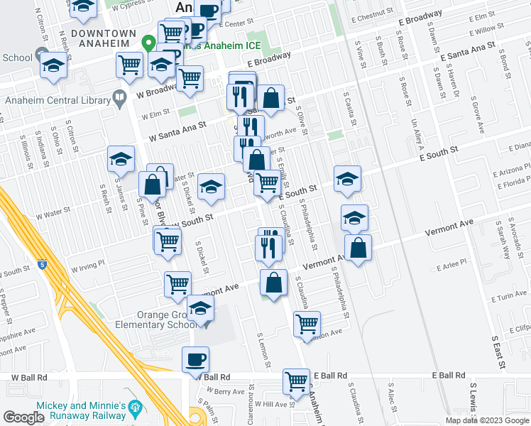 map of restaurants, bars, coffee shops, grocery stores, and more near 810 South Anaheim Boulevard in Anaheim