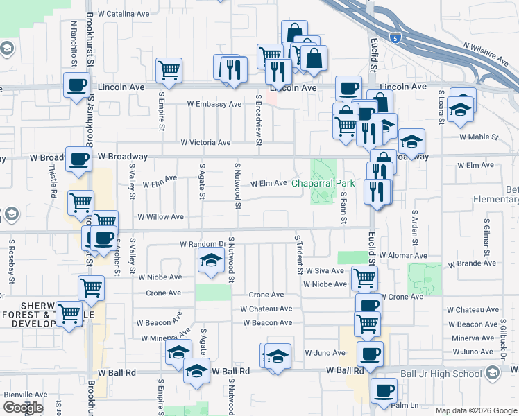 map of restaurants, bars, coffee shops, grocery stores, and more near 1855 West Willow Avenue in Anaheim