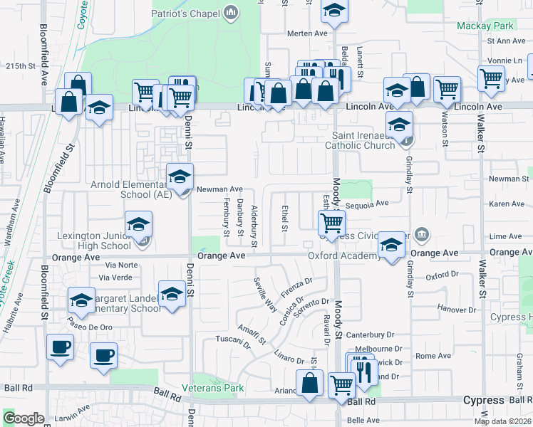 map of restaurants, bars, coffee shops, grocery stores, and more near 9361 Julie Beth Street in Cypress