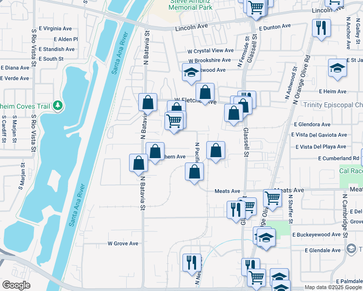 map of restaurants, bars, coffee shops, grocery stores, and more near 603 West Cully Drive in Orange